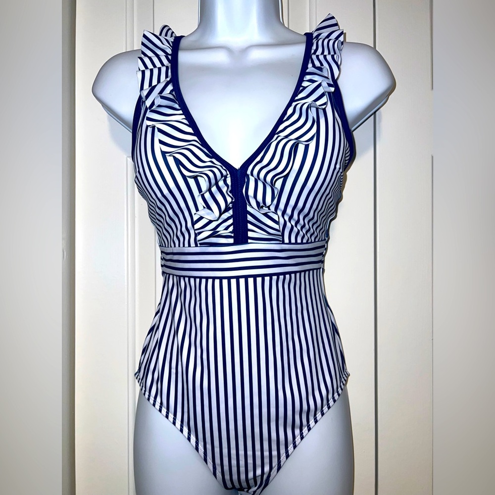 Felnart Striped Navy and White One Piece Swimsuit - XS